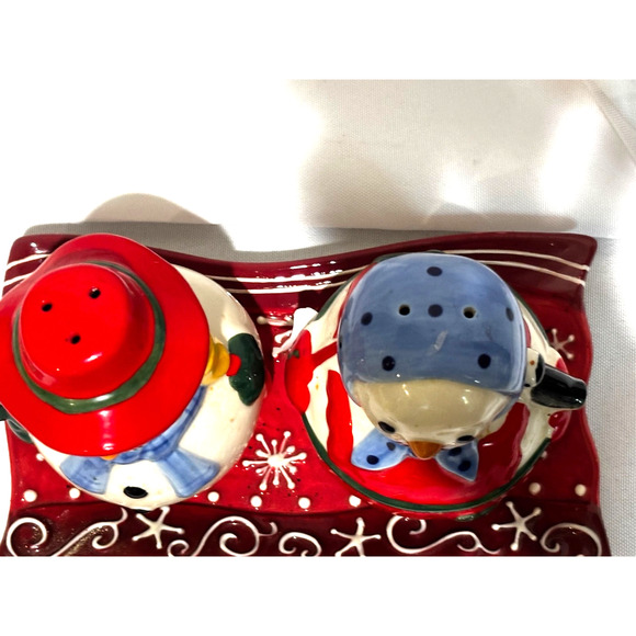 Christmas Holiday Snowman Salt & Pepper S&P Shakers Figurines with plate large8 - Picture 2 of 8